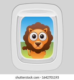 Vector illustration of cute lion looking through plane window.