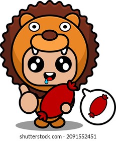 vector illustration of cute lion mascot costume cartoon character eating sausage