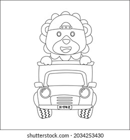 ilustración vectorial de un león lindo en un viaje por carretera, vector creativo Diseño infantil para niños actividad libro de colorear o página.