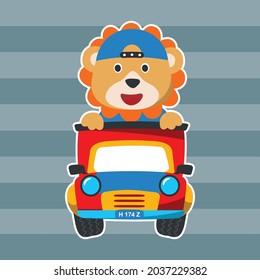 vector illustration of cute  lion on a road trip, Can be used for t-shirt print, kids wear, invitation card. fabric, textile, nursery wallpaper, poster and other decoration.