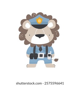 Vector illustration of cute lion policeman on white. Lion in a police uniform. Professions for children. Cute cartoon animals police character. Professions for children. Emergency. Boho. 