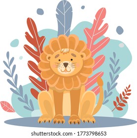 Vector illustration of a cute lion sitting and looking at the center. Cute children s illustration for books, printing on t-shirts, clothes, mugs, postcards. Childrens print in delicate colors. 