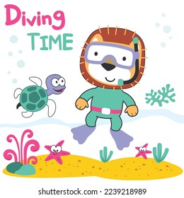 Vector illustration of cute lion in snorkel mask diving in the sea. Can be used for t-shirt print, Creative vector childish background for fabric textile, and other decoration