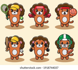 Vector illustration of cute Lion Sport cartoon. Cute Lion expression character design bundle. Good for icon, logo, label, sticker, clipart.