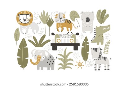 Vector illustration of cute lion, tiger, koala, crocodile, elephant, zebra, jeep and tropical leaves. Jungle. Safari. African animals. Tropical set for kids. Palm tree. Poster, postcard, print. 