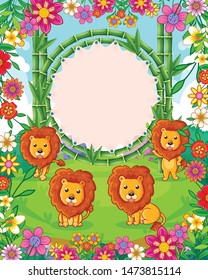 Vector illustration of cute lions with bamboo blank sign in the garden