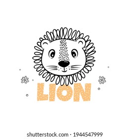 Vector illustration of cute lion's face, children's print on clothes.