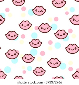 Vector illustration of the cute lips with the funny faces seamless pattern. Trendy Kawaii emoticons for print on t-shirt, one piece body gift for kids.