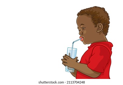 Vector Illustration Of Cute Little African American Boy Drinking Or Sucking Fresh Water From Glass With Help Of Straw,on White,copy Space,empty Space,Childhood Growth,Drink Water For Health Benefits.