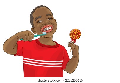 Vector illustration of cute little african american boy brushing teeth while holding favorite lollipop with red bow,big smile,white teeth,on white.Children brush teeth every day,avoid eating sweets.