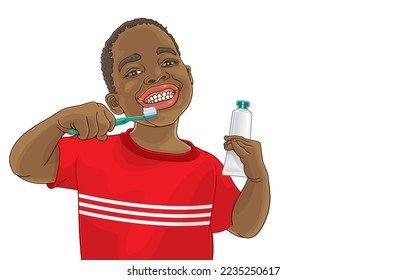 Vector illustration of cute little african american boy brushing teeth,big smile,white teeth,holding toothbrush,white toothpaste tube,isolated on white background.Children brush teeth clean every day.