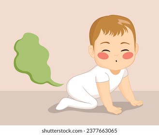 Vector illustration of cute Little Baby Having Gas Farting Vector. Cartoon funny child wearing white outfit having toot flatulence