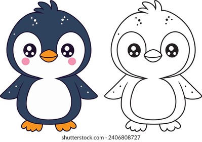 Vector illustration of cute little baby penguin isolated on white. Animal clipart in flat style.