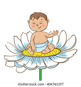 Vector illustration. Cute little  baby boy  on chamomile