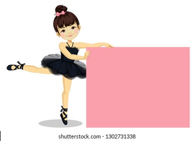 Vector illustration of cute little ballerina girl in black tutu dress with blank board
