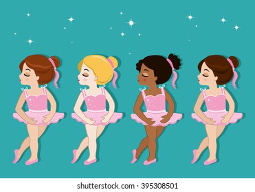 Vector illustration of cute little ballerinas.  Ballet Slippers. Clip art cute characters, pink tutus, ballet shoes.