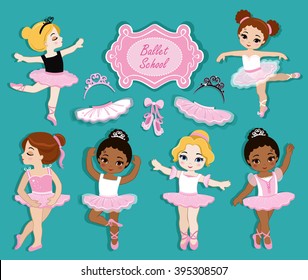 Vector Illustration Of Cute Little Ballerinas.  Ballet Slippers. Clip Art Cute Characters, Pink Tutus, Ballet Shoes.