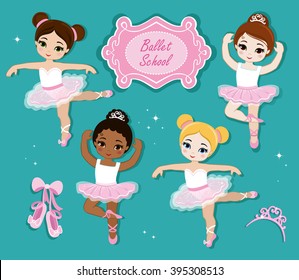 Vector illustration of cute little ballerinas.  Ballet Slippers. Clip art cute characters, pink tutus, ballet shoes.