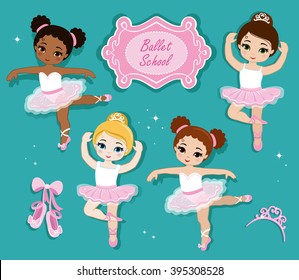 Vector illustration of cute little ballerinas.  Ballet Slippers. Clip art cute characters, pink tutus, ballet shoes.