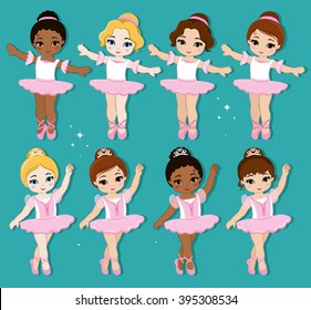 Vector illustration of cute little ballerinas.  Ballet Slippers. Clip art cute characters, pink tutus, ballet shoes.