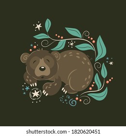 Vector illustration of cute little bear in winter sleep decorated with wild herbs, on dark brown backgrounde.