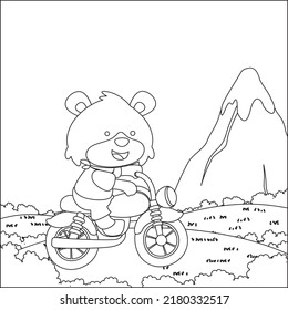 Vector illustration of cute little bear ride a motorcycle, Trendy children graphic with Line Art Design Hand Drawing Sketch Vector illustration For Adult And Kids Coloring Book.