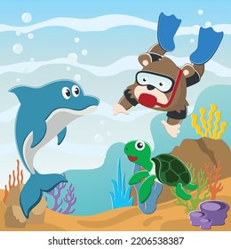 Vector illustration of cute little bear and dolphine diving in undersea adventure on a background of beautiful blue water