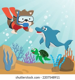 Vector illustration of cute little bear and dolphine diving in undersea adventure on a background of beautiful blue water