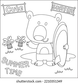 Ilustración vectorial de un pequeño oso lindo con tabla de surf, diseño infantil para niños actividad libro de colorear o página.