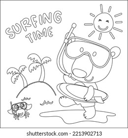 Vector illustration of cute little bear with a surfboard, Childish design for kids activity colouring book or page.