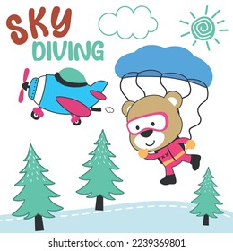 Vektorgrafik eines süßen kleinen Bären, der mit einem Fallschirm fliegt. mit Cartoon-Stil. Kreative Vektorgrafik, kalter Hintergrund für Stoffgewebe, Baumwollhintergrund, Poster, Karte, Vektorgrafik
