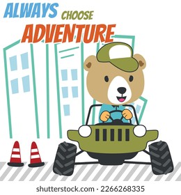 Vector illustration of cute little bear on a off road car go to forest, Can be used for t-shirt print, kids wear, invitation card. fabric, textile, nursery wallpaper, poster and other decoration.