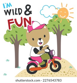 vector illustration of cute little bear ride motorcycle. Creative vector childish background for fabric, textile, nursery wallpaper, poster, card, brochure. and other decoration.