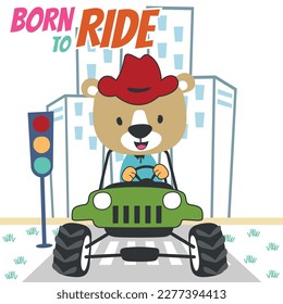 Vector illustration of cute little bear on a off road car go to forest, Can be used for t-shirt print, kids wear, invitation card. fabric, textile, nursery wallpaper, poster and other decoration.