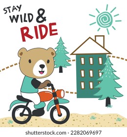 Vector illustration of cute little bear ride motorcycle. Creative vector childish background for fabric, textile, nursery wallpaper, poster, card, brochure. and other decoration.