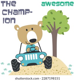 Vector illustration of cute little bear on a off road car go to forest, Can be used for t-shirt print, kids wear, invitation card. fabric, textile, nursery wallpaper, poster and other decoration.
