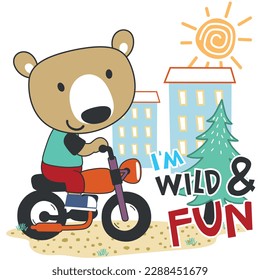 Vector illustration of cute little bear ride motorcycle. Creative vector childish background for fabric, textile, nursery wallpaper, poster, card, brochure. and other decoration.