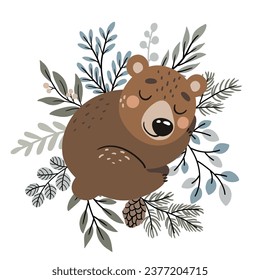 
Vector illustration with a cute little bear. Suitable for printing posters, cards, clothing prints.