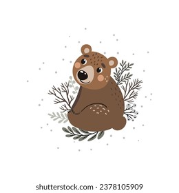 Vector illustration with a cute little bear. Suitable for printing posters, cards, clothing prints.