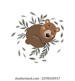 Vector illustration with a cute little bear. Suitable for printing posters, cards, clothing prints.