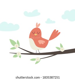 Vector illustration of a cute little bird sitting on a tree branch  