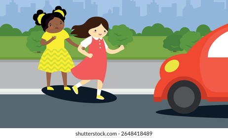 Vector illustration of a cute little black girl in a yellow dress and her mother in a red car