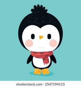 Vector illustration of a cute little black-and-white penguin wearing a red scarf and yellow boots, a childlike figure in winter with rosy cheeks.