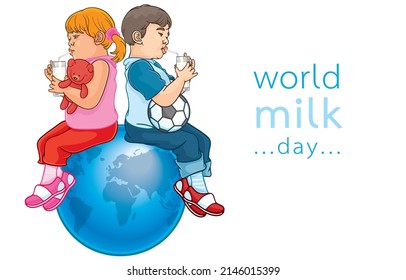 Vector illustration of cute little blonde girl,asian little boy drinking fresh milk from glass with straw,sitting on blue globe,world milk day,on white,empty space for text,Benefits of milk for kids.