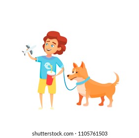 Vector illustration of cute little boy walking and playing with dog.