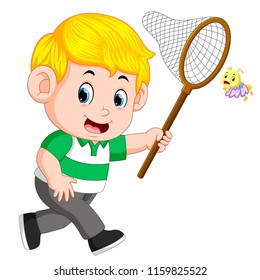vector illustration of Cute little boy cartoon running to catch butterfly