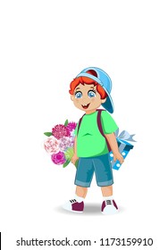 Vector illustration of cute little boy with flowers and present. Holiday celebration festive clip art of cartoon boy character for happy birthday, back to school, teachers day, grandparents day card. 