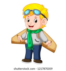vector illustration of Cute little boy playing with plane toys