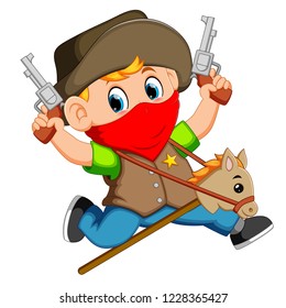 Vector illustration of Cute little boy running with a horse on a stick and two guns toy