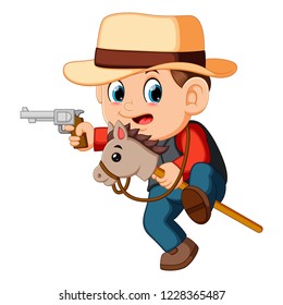 Vector illustration of Cute little boy playing with a horse on a stick and guns toy